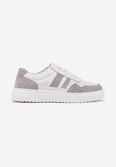 Biało-Szare Płaskie Sneakersy ze Skóry Naturalnej Ozdobione Paskami i Perforacją Floriwa 4