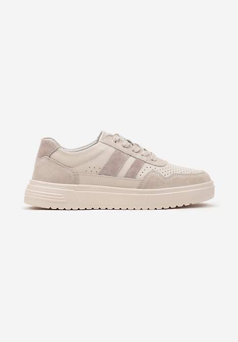 Beżowe Płaskie Sneakersy ze Skóry Naturalnej Ozdobione Paskami i Perforacją Floriwa 4