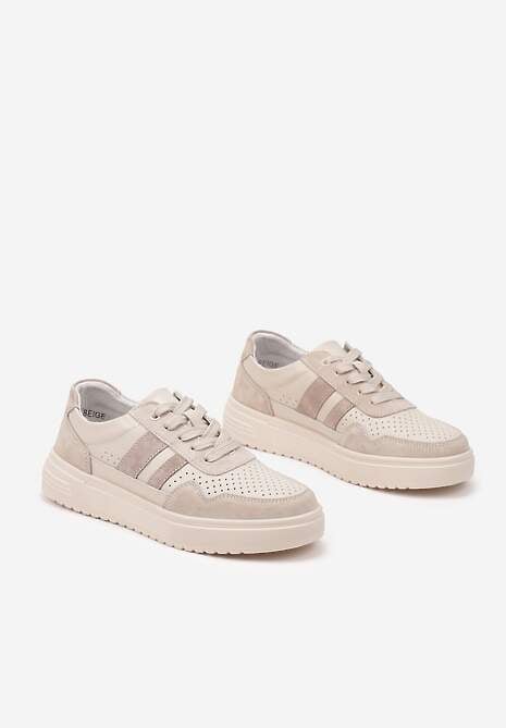 Beżowe Płaskie Sneakersy ze Skóry Naturalnej Ozdobione Paskami i Perforacją Floriwa 5