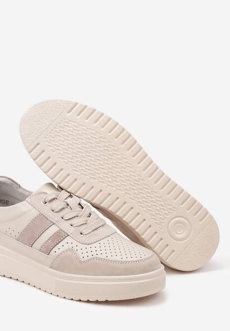 Beżowe Płaskie Sneakersy ze Skóry Naturalnej Ozdobione Paskami i Perforacją Floriwa 6