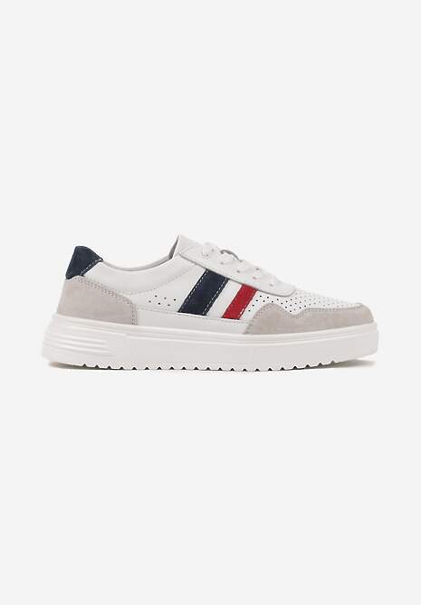 Biało-Granatowe Płaskie Sneakersy ze Skóry Naturalnej Ozdobione Paskami i Perforacją Floriwa 4