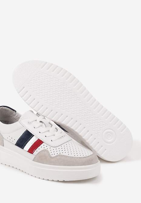 Biało-Granatowe Płaskie Sneakersy ze Skóry Naturalnej Ozdobione Paskami i Perforacją Floriwa 6