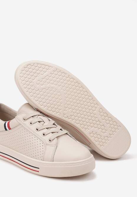 Beżowe Skórzane Sneakersy na Płaskiej Podeszwie ze Skórzaną Wkładką i Perforacją Galiwa 6