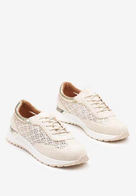 Beżowe Ażurowe Sneakersy na Podeszwie z Metaliczną Wstawką Neomira 5