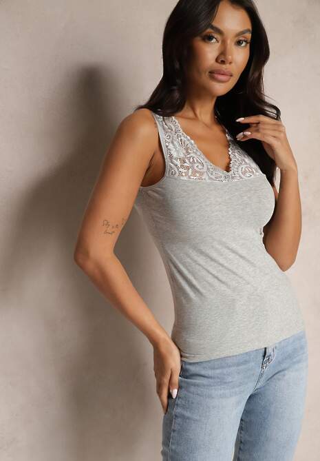 Ciemnoszary Bawełniany Top Ozdobiony Koronką Fariona 4