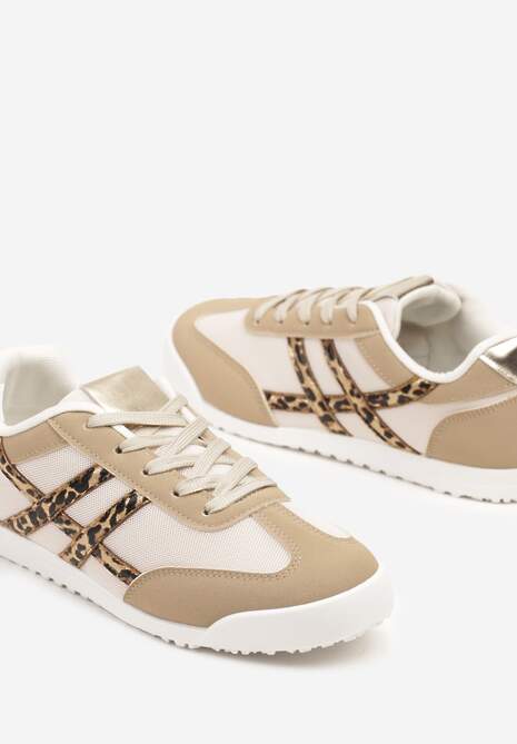 Ciemnobeżowe Sneakersy na Płaskiej Podeszwie z Geometrycznym Wzorem w Panterkę Rivmi 6