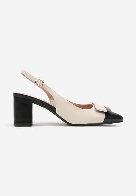 Beżowo-Czarne Czółenka na Słupku Typu Slingback z Ozdobą Fariniel 4