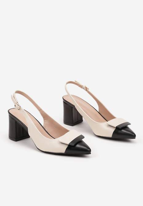Beżowo-Czarne Czółenka na Słupku Typu Slingback z Ozdobą Fariniel 5