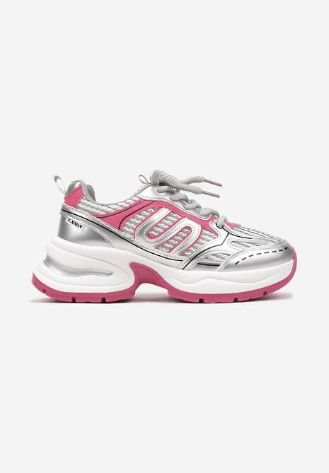 Srebrno-Różowe Sneakersy na Platformie Ozdobionej Tłoczeniem z Geometrycznym Motywem Arivira 4