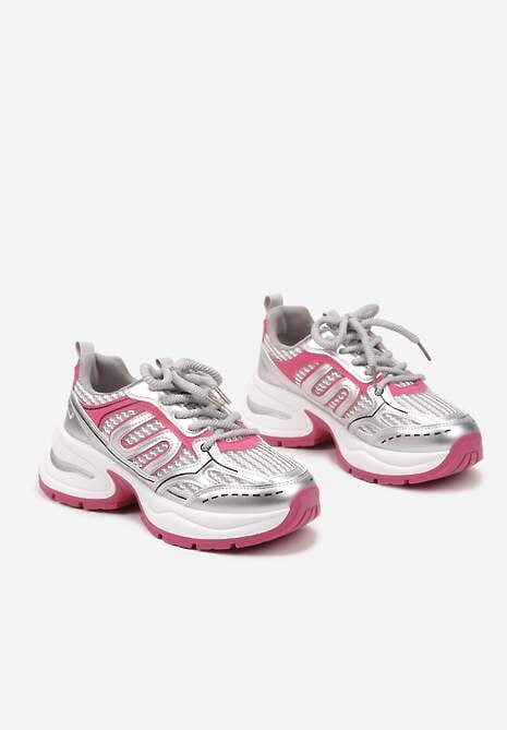 Srebrno-Różowe Sneakersy na Platformie Ozdobionej Tłoczeniem z Geometrycznym Motywem Arivira 5