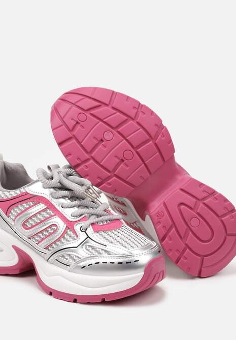 Srebrno-Różowe Sneakersy na Platformie Ozdobionej Tłoczeniem z Geometrycznym Motywem Arivira 6
