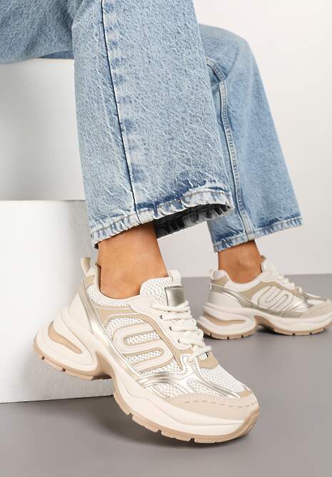 Niebiesko-Beżowe Sneakersy na Platformie z Geometrycznym