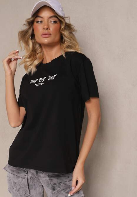 Czarna Bawełniana Bluzka T-shirt Oversize z Aplikacją w Kształcie Motyli Elmaris 4