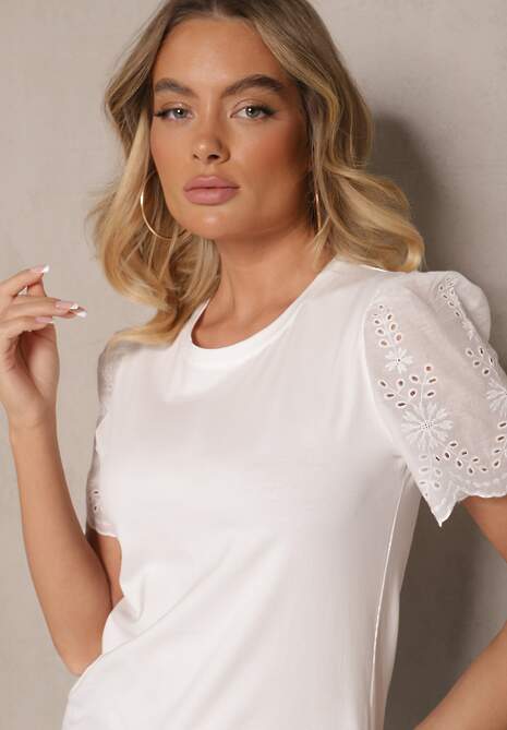 Biały T-shirt z Bawełny Ozdobiony Ażurowym Wzorem na Rękawach Nalasea 5