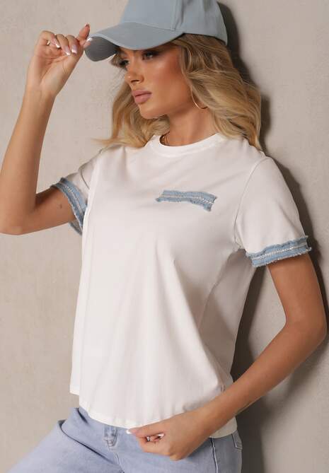 Biała Bawełniana Bluzka T-shirt Oversize z Ozdobnym Wykończeniem Mirnil 4