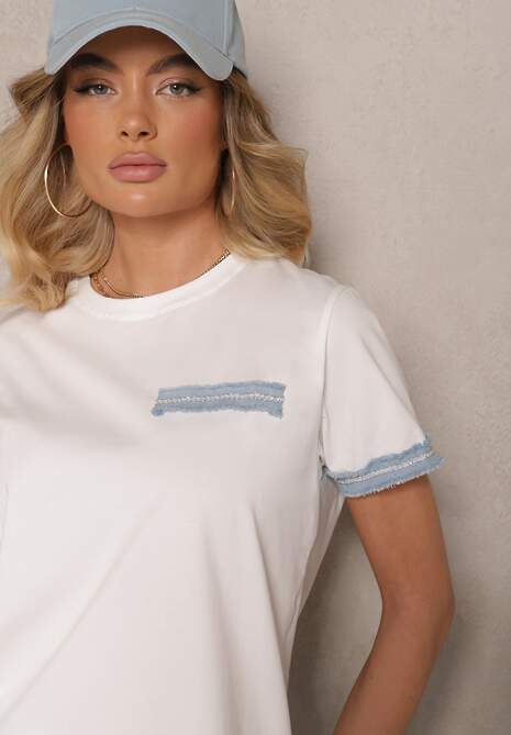 Biała Bawełniana Bluzka T-shirt Oversize z Ozdobnym Wykończeniem Mirnil 5