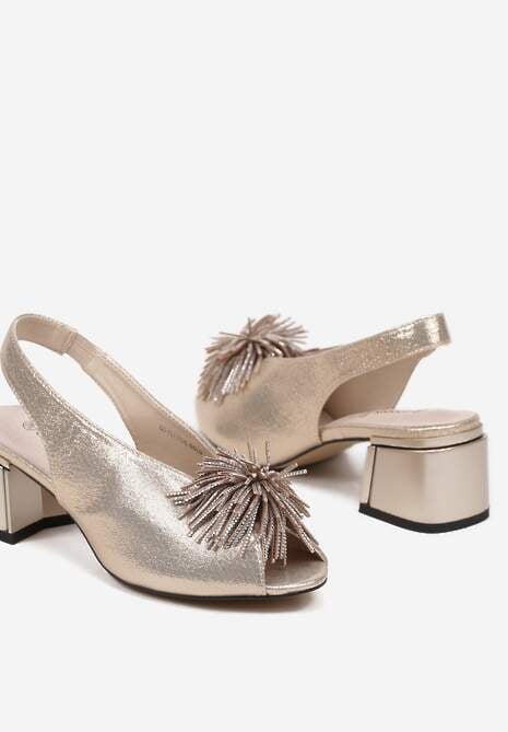 Złote Sandały na Słupku z Wkładką ze Skóry Naturalnej z Pomponem Rerissiana 6