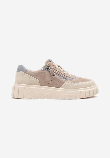Beżowo-Niebieski Streetwearowe Sneakersy ze Skóry Naturalnej z Ozdobnym Suwakiem Eleavenna 4