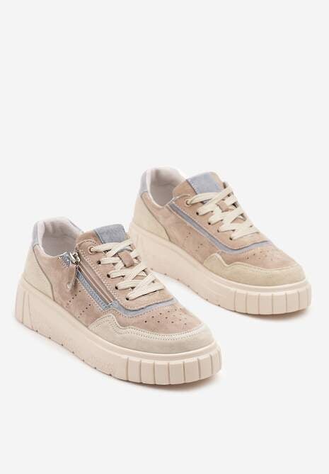Beżowo-Niebieski Streetwearowe Sneakersy ze Skóry Naturalnej z Ozdobnym Suwakiem Eleavenna 5