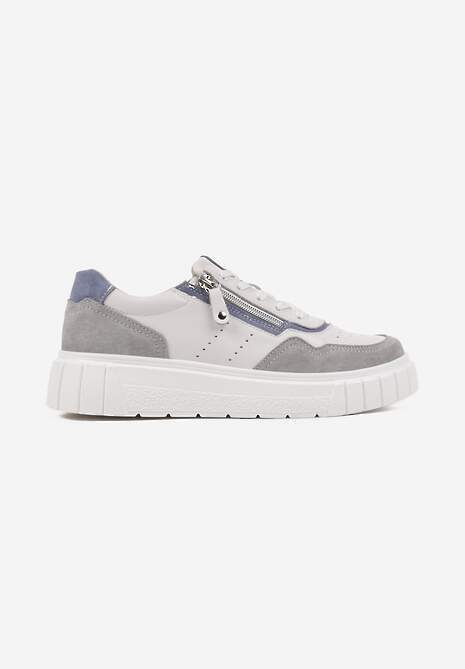 Biało-Szare Streetwearowe Sneakersy ze Skóry Naturalnej z Ozdobnym Suwakiem Eleavenna 4