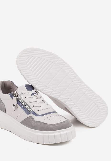 Biało-Szare Streetwearowe Sneakersy ze Skóry Naturalnej z Ozdobnym Suwakiem Eleavenna 6