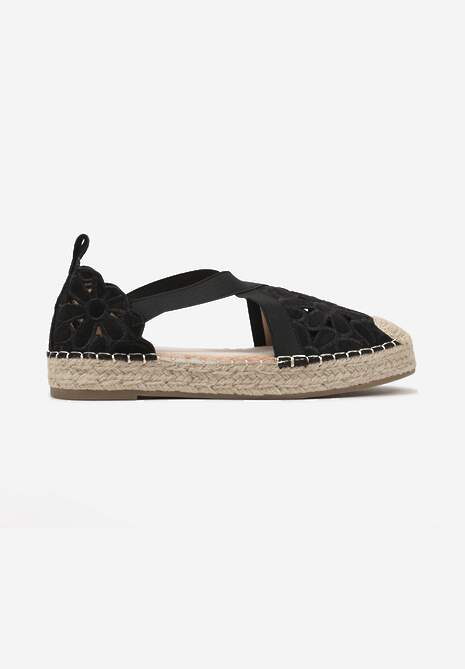 Czarne Płaskie Espadryle z Ażurową Cholewką Elearosea 4