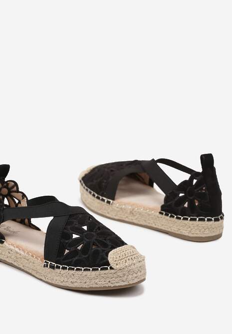 Czarne Płaskie Espadryle z Ażurową Cholewką Elearosea 6