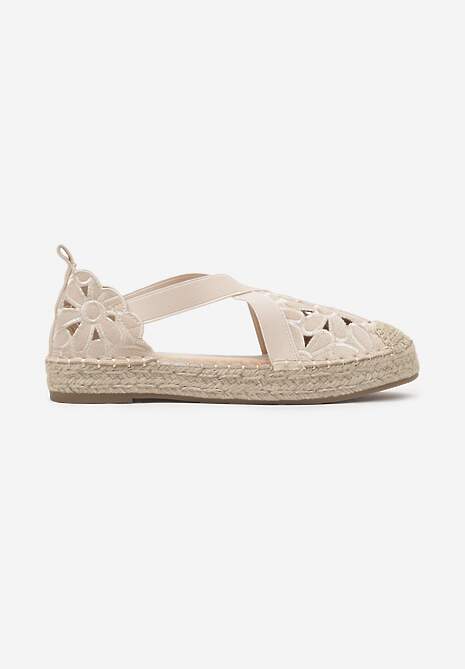 Beżowe Płaskie Espadryle z Ażurową Cholewką Elearosea 4