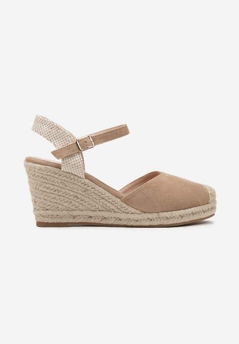 Ciemnobeżowe Sandały na Koturnie w Stylu Espadryli Ozdobione Plecionką Iladira 4