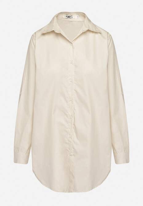 Beżowa Bawełniana Długa Koszula z Regulacją przy Rękawach Dorivelle 6