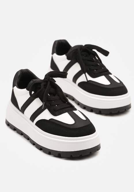Czarno-Białe Sneakersy na Tłoczonej Platformie z Ozdobnymi Paskami Fonivena 5