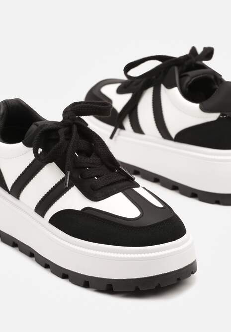 Czarno-Białe Sneakersy na Tłoczonej Platformie z Ozdobnymi Paskami Fonivena 6