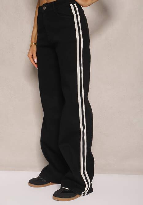 Czarne Jeansy High Waist o Szerokim Kroju z Ozdobnymi Lampasami Ulivira 4