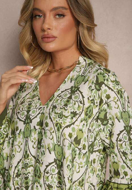 Zielona Sukienka z Wiskozą o Rozkloszowanym Kroju w Etniczny Print Aledia 5