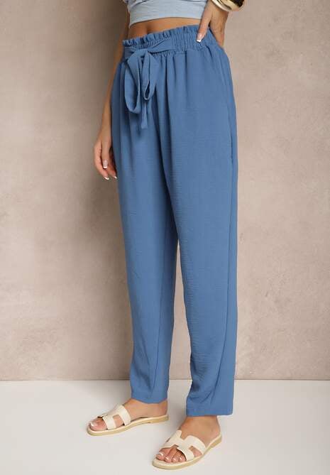 Niebieskie Spodnie High Waist Ozdobione Wiązanym Paskiem Araleira 4