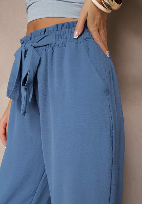 Niebieskie Spodnie High Waist Ozdobione Wiązanym Paskiem Araleira 5