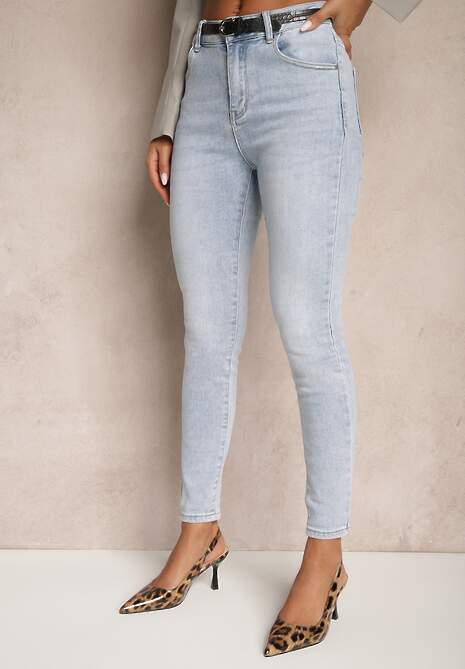 Niebieskie Jeansy o Kroju Slim High Waist Zdobione Haftem w Kształcie Serca Araniah 4