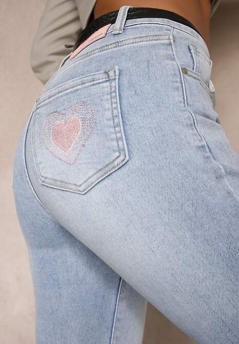 Niebieskie Jeansy o Kroju Slim High Waist Zdobione Haftem w Kształcie Serca Araniah 5