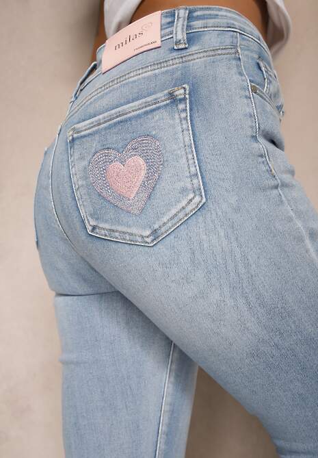 Niebieskie Jeansy Slim High Waist z Haftem na Tylnej Kieszeni Adinaria 5