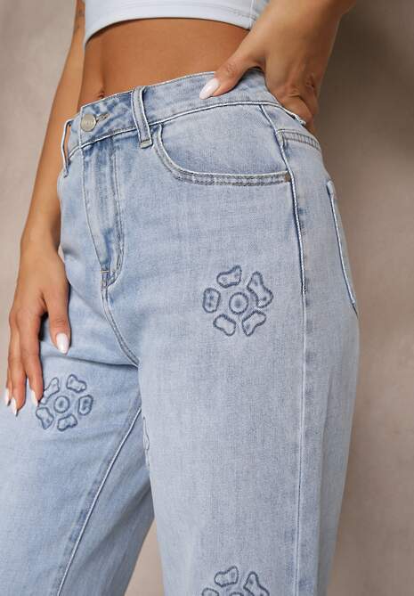 Niebieskie Szerokie Jeansy High Waist Zdobione Wzorem w Kwiaty Firedis 5