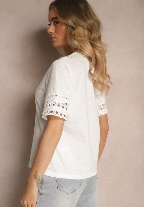 Biały Bawełniany T-shirt z Ażurowymi Rękawkami Zolreia 4