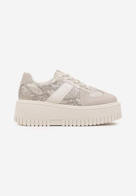 Beżowe Sneakersy Typu Tenisówki na Żłobionej Platformie Ozdobione Wężowym Motywem Lorreia 4