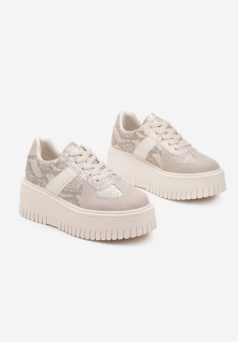 Beżowe Sneakersy Typu Tenisówki na Żłobionej Platformie Ozdobione Wężowym Motywem Lorreia 5