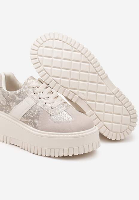 Beżowe Sneakersy Typu Tenisówki na Żłobionej Platformie Ozdobione Wężowym Motywem Lorreia 6