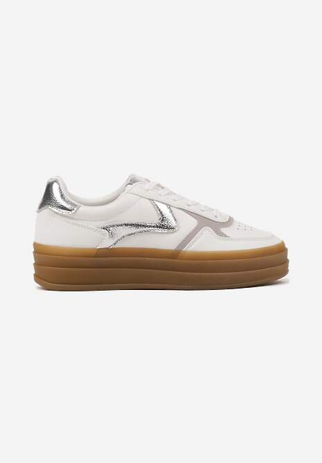 Biało-Srebrne Sneakersy Klasyczne Tenisówki na Tłoczonej Platformie Melvesia 4