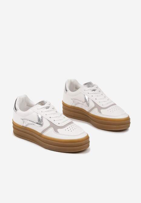 Biało-Srebrne Sneakersy Klasyczne Tenisówki na Tłoczonej Platformie Melvesia 5