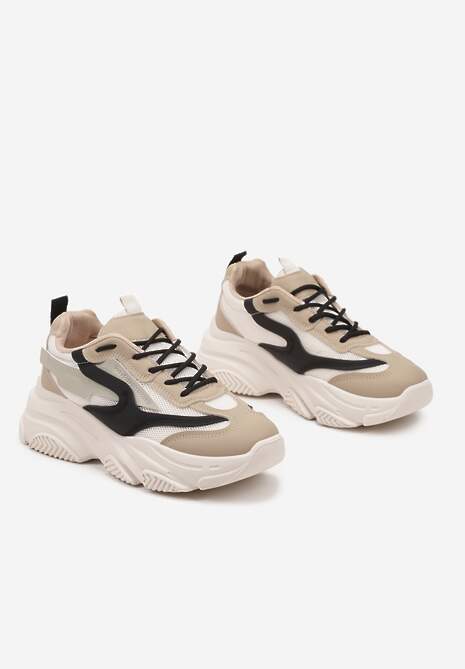 Beżowo-Czarne Sneakersy na Tłoczonej Platformie z Geometrycznym Wzorem Fonetha 5