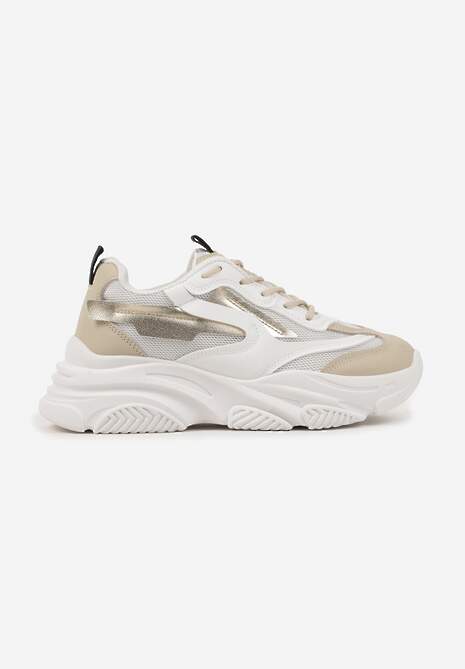 Biało-Beżowe Sneakersy na Tłoczonej Platformie z Geometrycznym Wzorem Fonetha 4