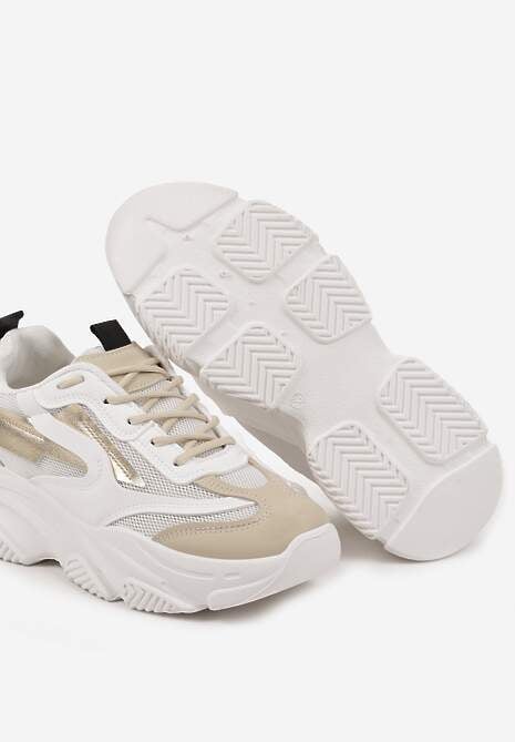 Biało-Beżowe Sneakersy na Tłoczonej Platformie z Geometrycznym Wzorem Fonetha 6