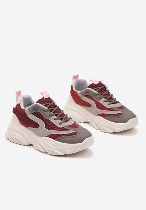 Bordowo-Beżowe Sneakersy na Tłoczonej Platformie z Geometrycznym Wzorem Fonetha 5